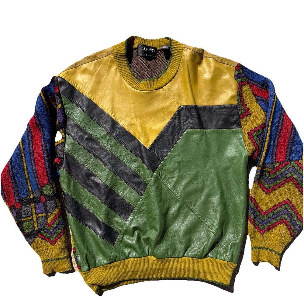 Saxony Collection Leather Knit Sweater Size Large Abstract Geometric Green Artsy